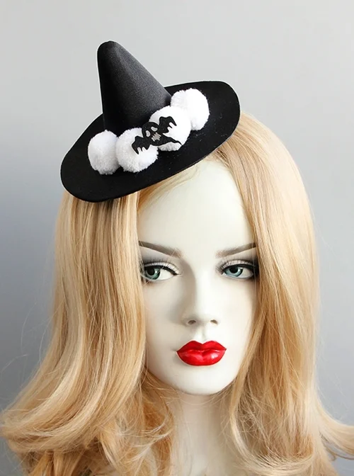 Black Retro Gothic Ghost Wizard Halloween White Fur Ball Top Hat