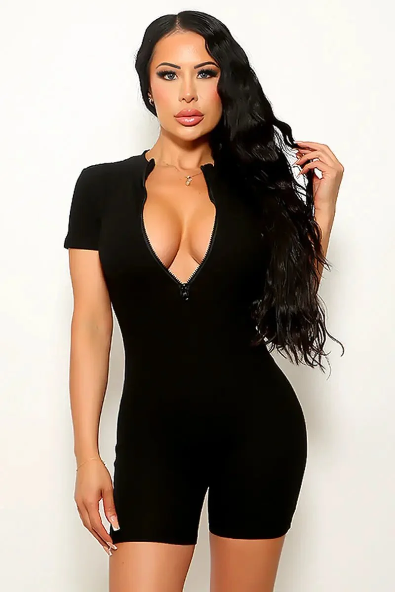 Black Ribbed Zipper Short Sleeves Sexy Fitted Romper