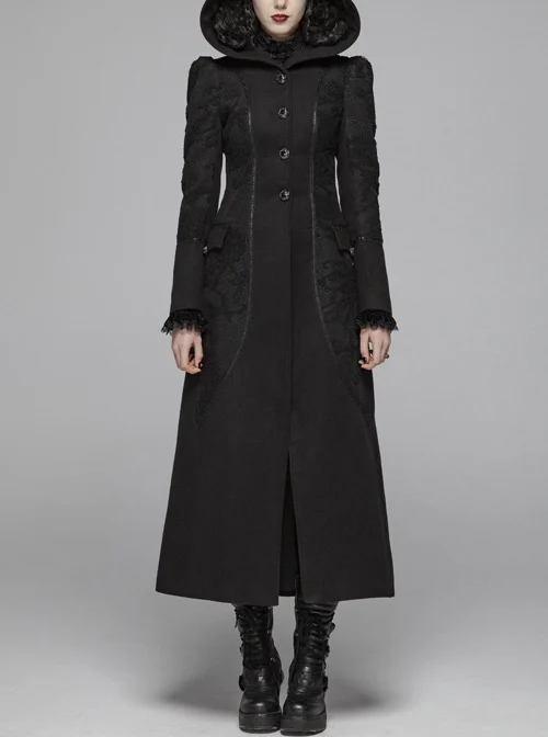 Black Sharp Cap Front Chest Metal Retro Button Long Sleeve Back Waist Lace-Up Gothic Long Woolen Coat