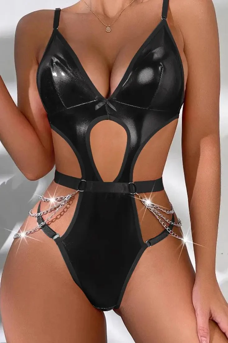 Black Shiny Bandage Chain Cut-Out Sexy Teddy Lingerie Bodysuit