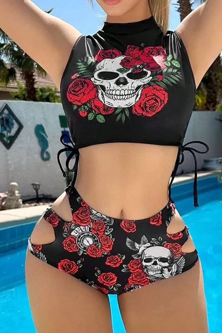 Black Skull Straw-string Top Cut-Out High Waist Bottom 2Pc Swimsuit Set