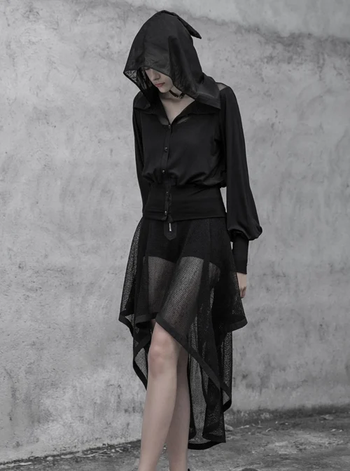 Black Splice Mesh V-Neck Sharp Angle Hat Skeleton Button Gothic Short Cardigan