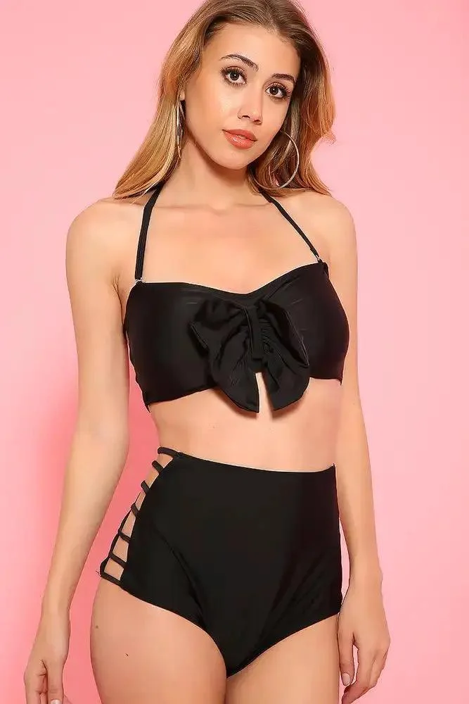 Black Strappy Bow Accent High Waist SwimsuitXL