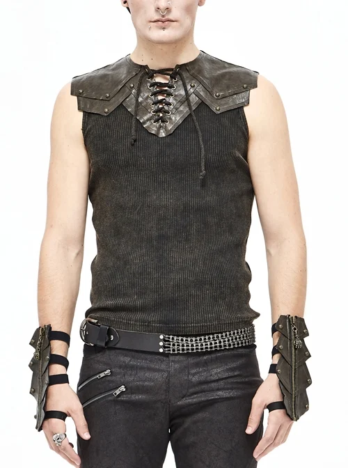 Black Striped Knitting Shoulder Yellow Armor Shape Chest Lace-Up Punk Vest