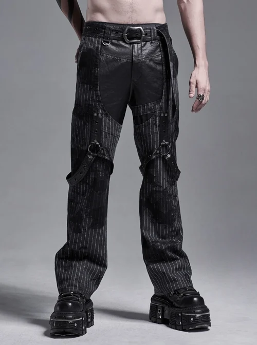 Black Striped Splice Abstract Printing Woven Metal Rings Leg Loops Punk Pants