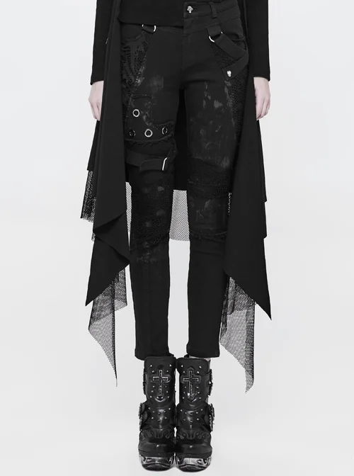 Black Twill Dilapidated Splice Mesh Metal Rings Hasp Punk Trousers