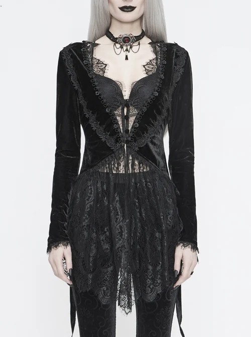 Black Velvet Fabric Positioning Floral Lace Knitted Fabric Dovetail Hem Gothic Dress Coat