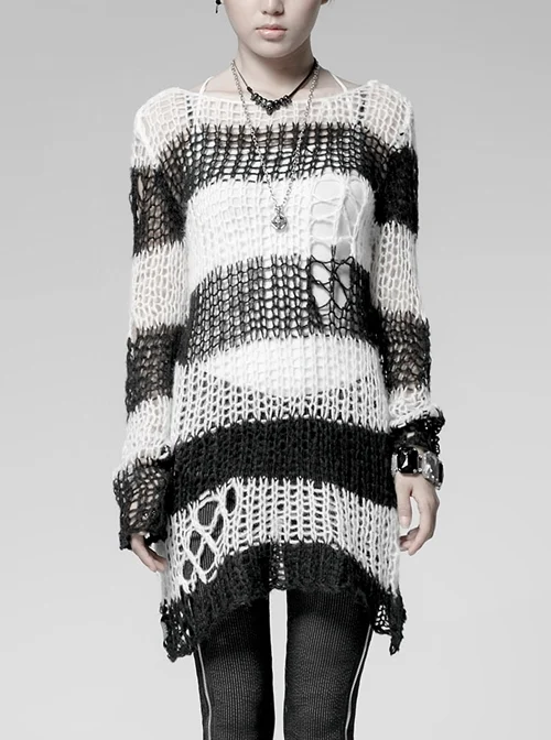 Black And White Broken Holes Long Sleeve Round Collar Punk Sweater