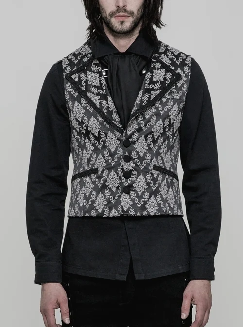 Black And White Jacquard V-Neck Front Button Slit Rear Hem Gothic Vest