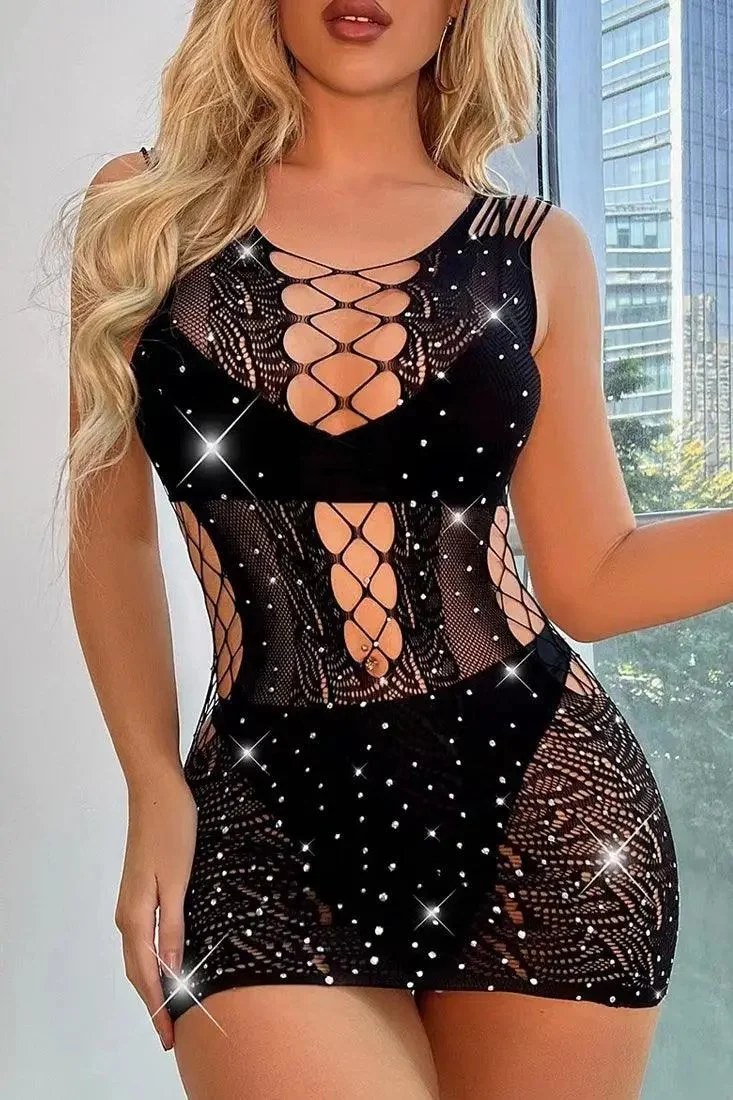 BlackRhinestone Netted Stretchy Sexy Mini Dress