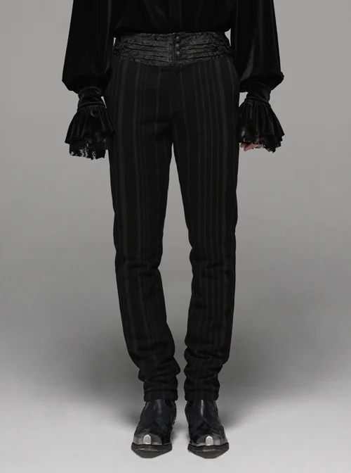 BlackStriped Waist Three-Dimensional Jacquard Lace-Up Hand-Sewing Buttons Black Punk Pants