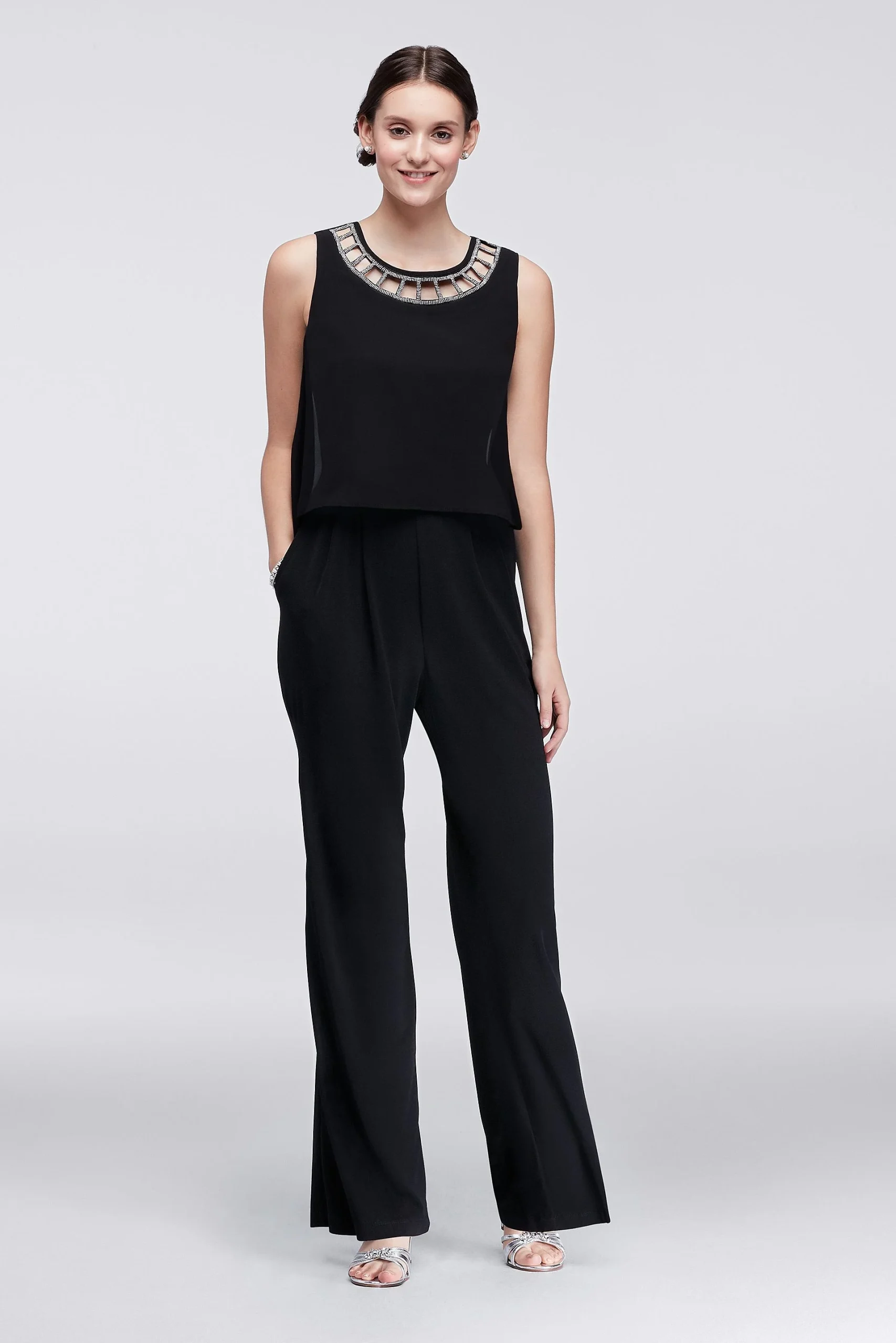 Blouson Jumpsuit with Crystal-Embellished Neckline