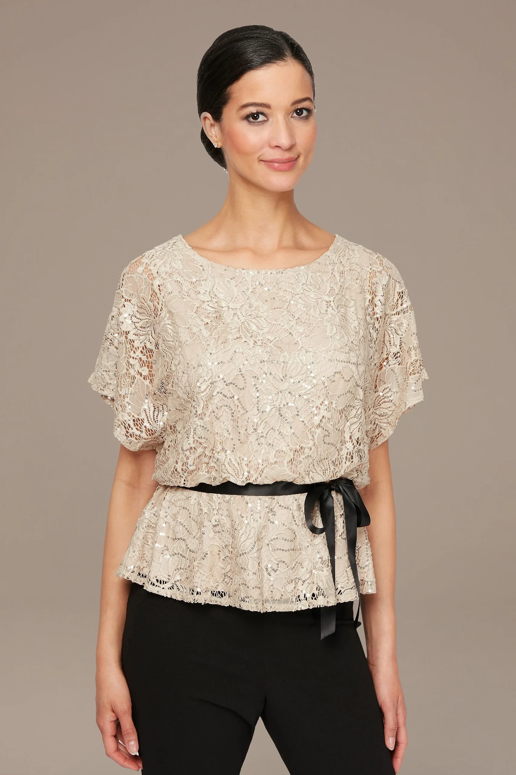 Blouson Sequin Lace Blouse with Tie Belt