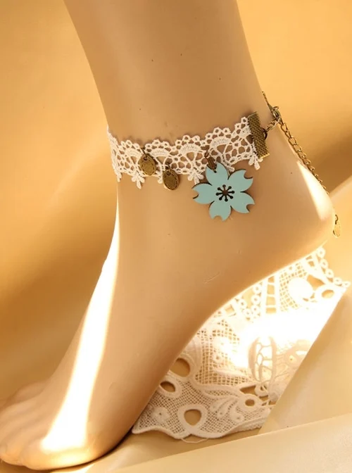 Blue Cherry Blossom Retro Fashion Lolita White Lace Female Anklet