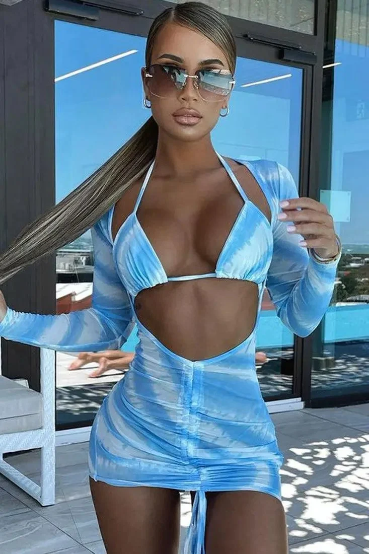 Blue White Printed Three Piece Sexy Swimsuit