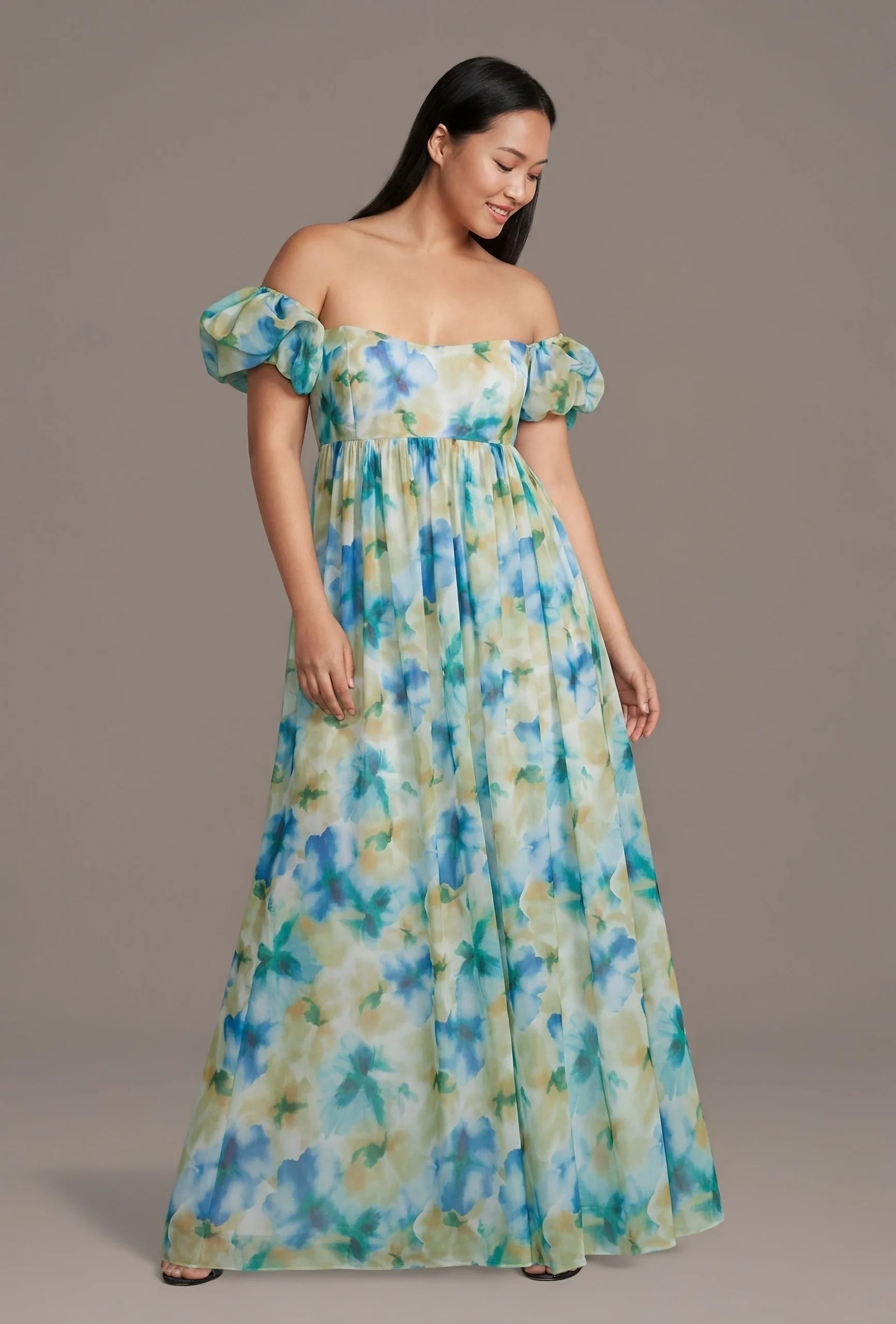 Blurred Floral Chiffon Puff Sleeve Dress