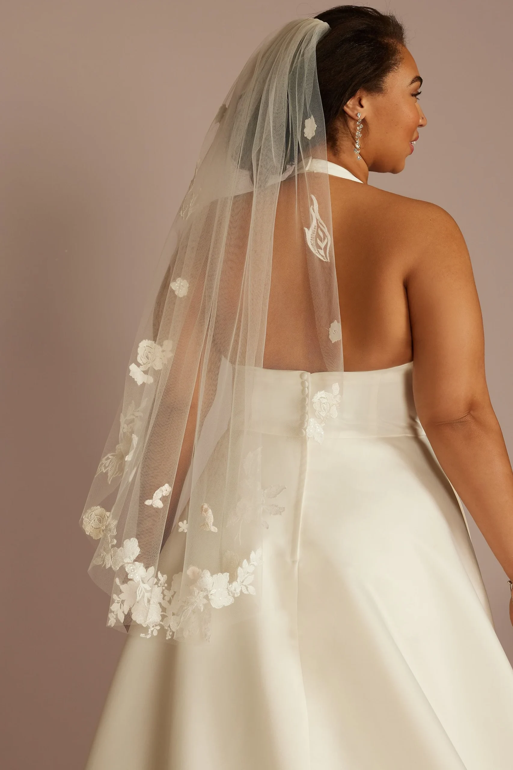 Blush and Ivory Floral Tulle Mid-Length Veil