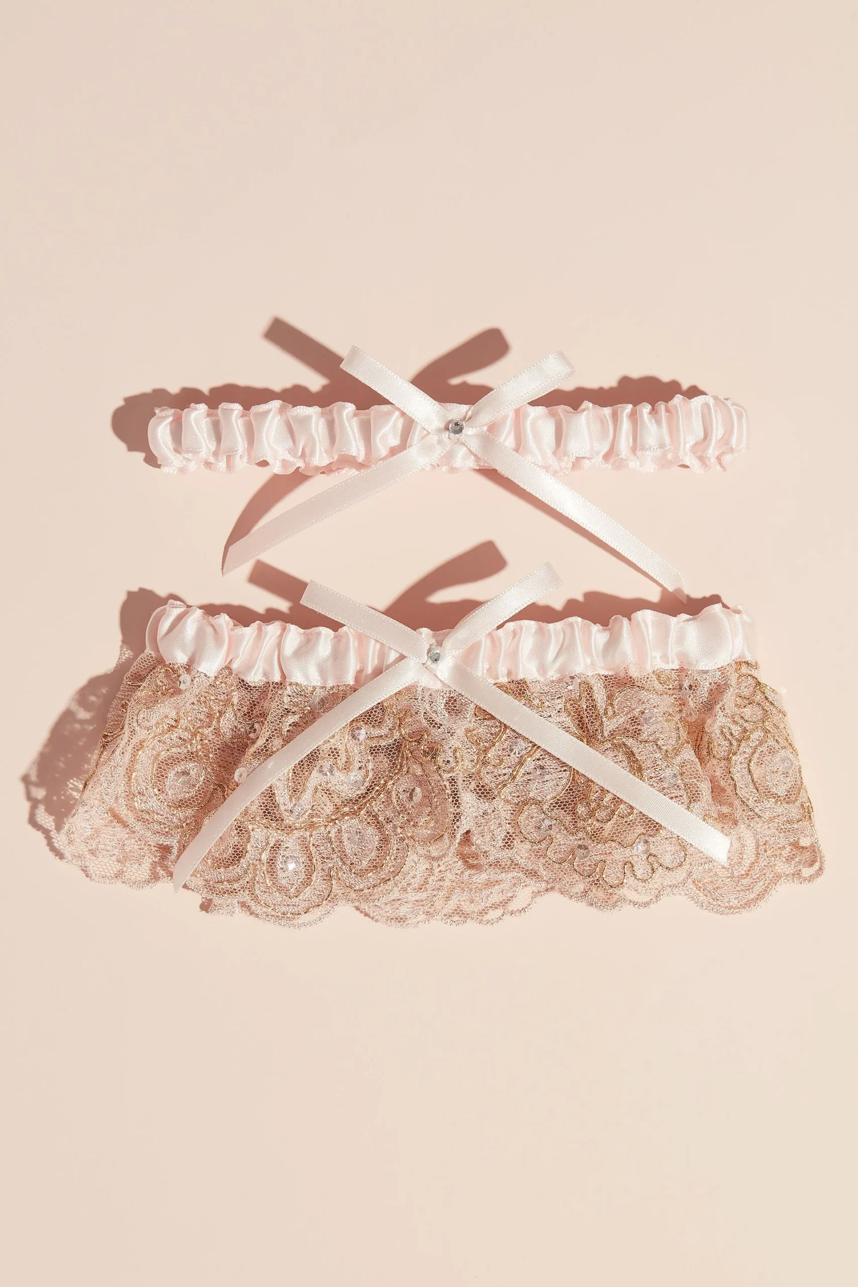 Blush Scalloped Lace and Satin Bow Garter Set