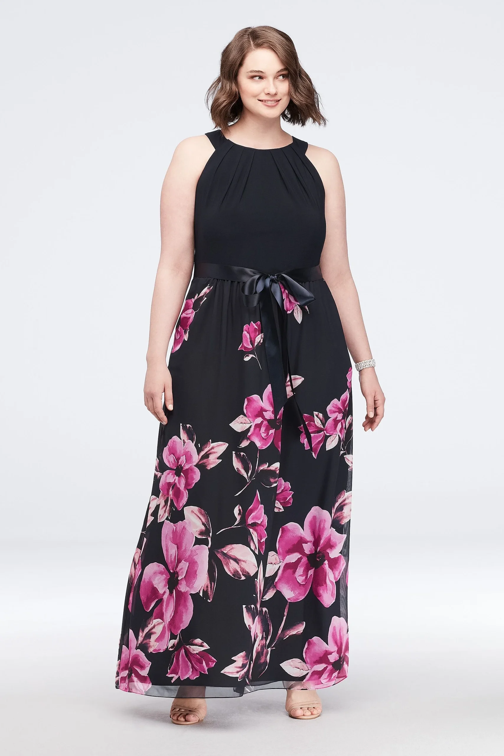 Border Print Plus Size Tie-Neck Dress with Bow