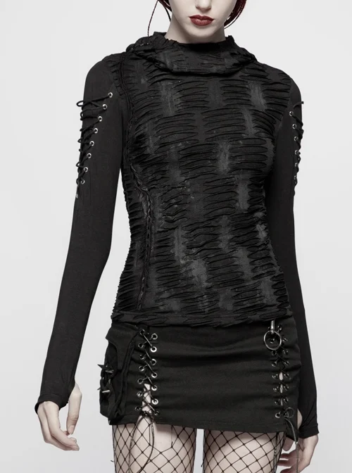 Broken Holes Arm DrawString Long Sleeve Black Gothic Hooded Knit Tight T-Shirt