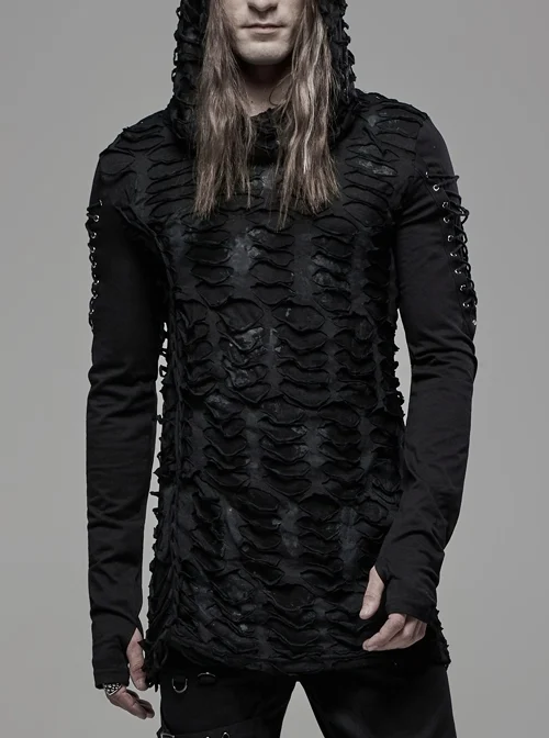 Broken Holes Arm DrawString Long Sleeve Black Punk Hooded Knit T-Shirt
