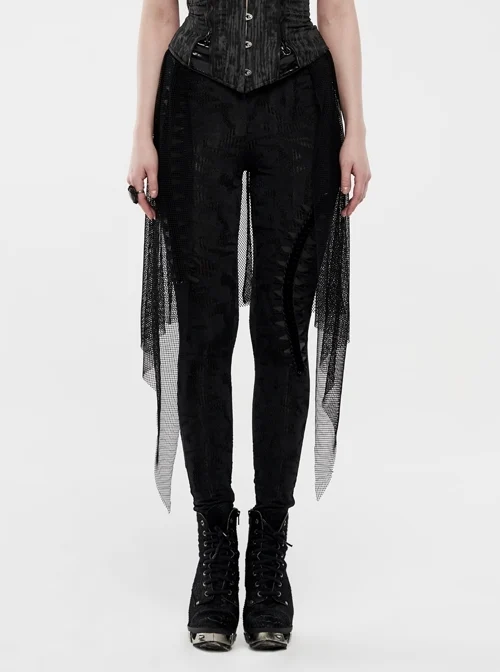 Broken Holes Backside Splice Mesh Lace-Up Lace Hem Black Punk Leggings
