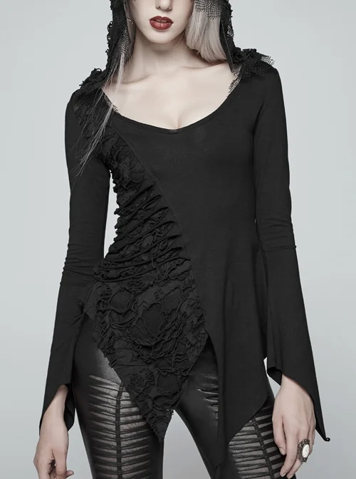 Broken Holes Flare Sleeve Irregular Sharp Corners Hem Black Punk Hooded Knit T-Shirt