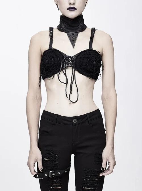 Broken Holes Mesh Leather Choker Lace-Up Black Punk Corset
