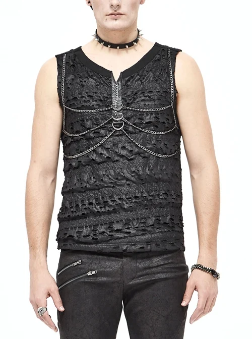 Broken Holes Thick Stripes Chest Chain Black Punk Knit Vest