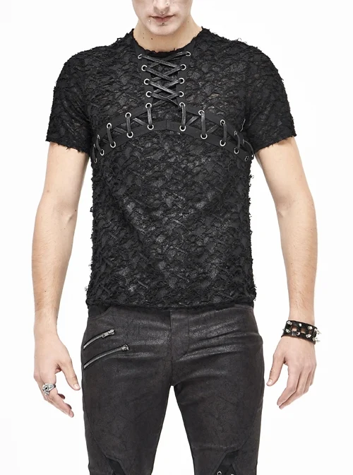 Broken Holes Thick Stripes Chest Lace-Up Black Punk Knit Short Sleeve T-Shirt