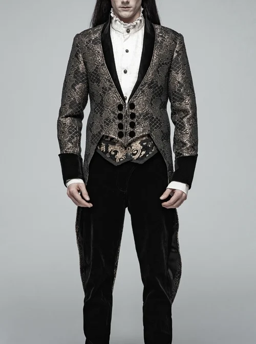 Brown Jacquard Stand-Up Collar Front Button Back Waist Lace-Up Swallow Tail Hem Black Gothic Coat