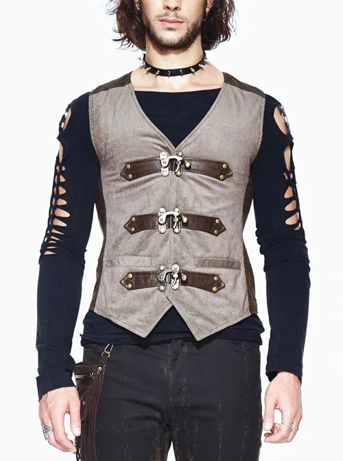 Brown Striped Bronzing Retro Bags Clasp Back Waist Loops Punk Waistcoat