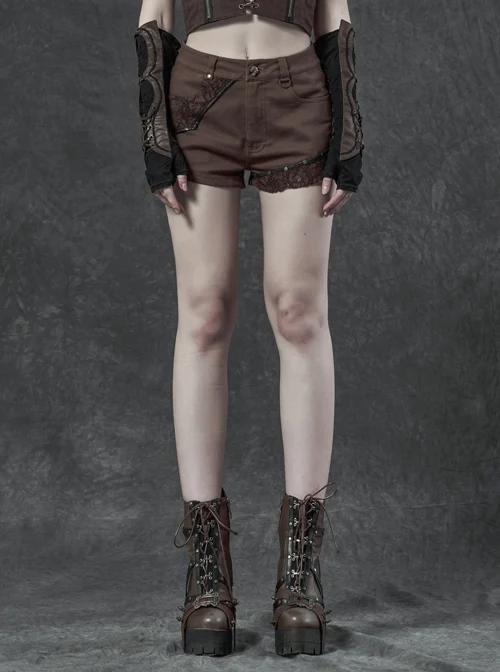 Brown Twill Weave Spliced Mesh Metal Skull Button Rivet Punk Shorts