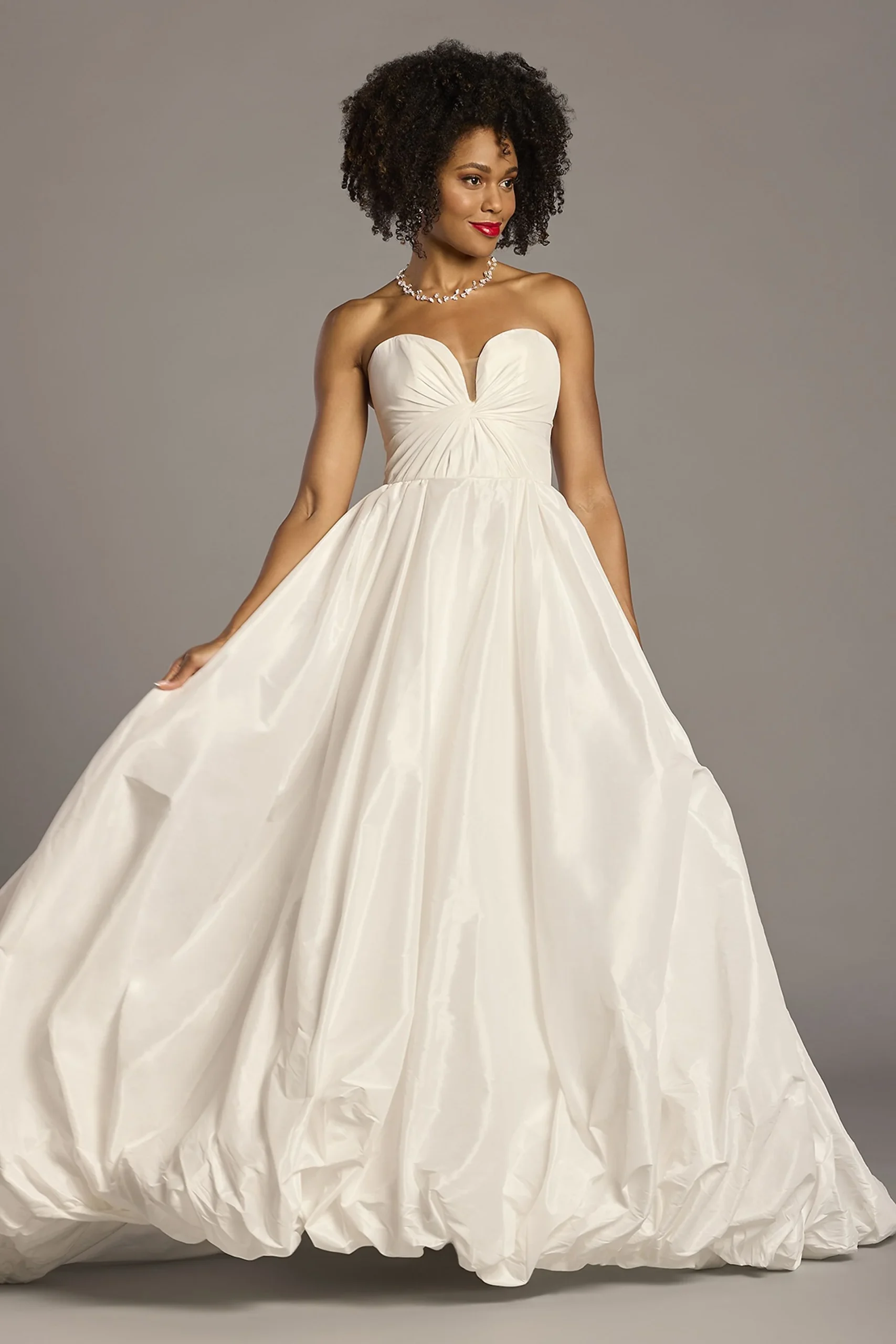Bubble Hem Taffeta Ball Gown with Plunge Neckline