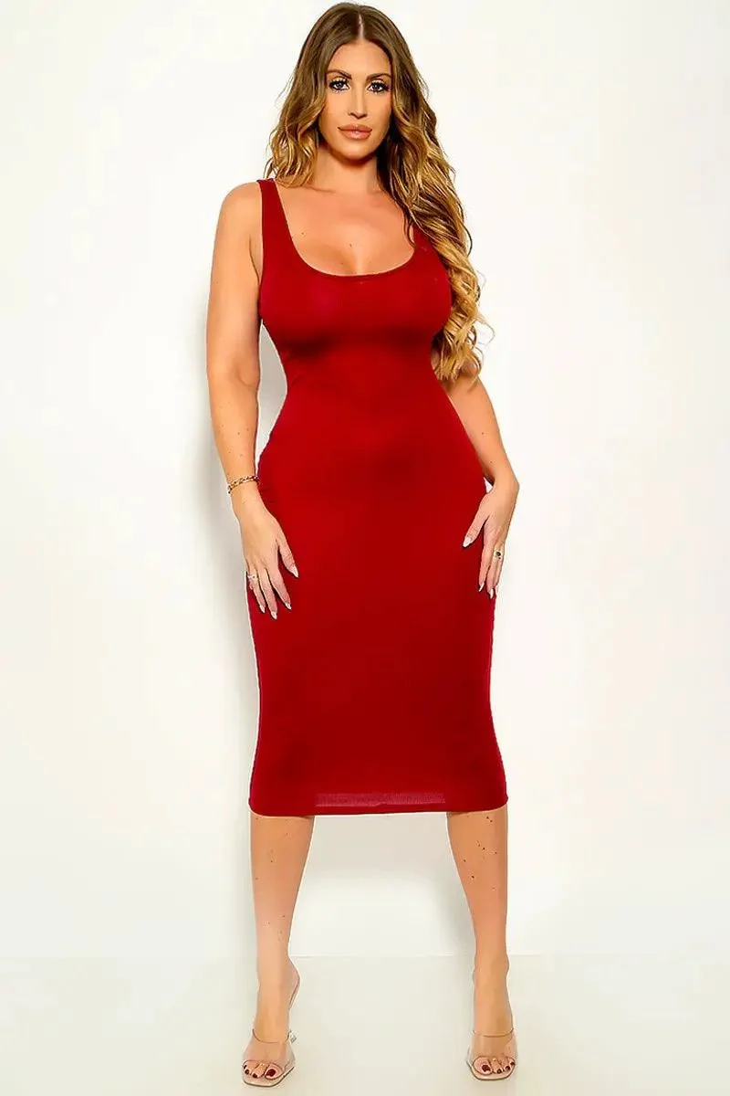 Burgundy Sleeveless Sexy Fitted Midi Dress