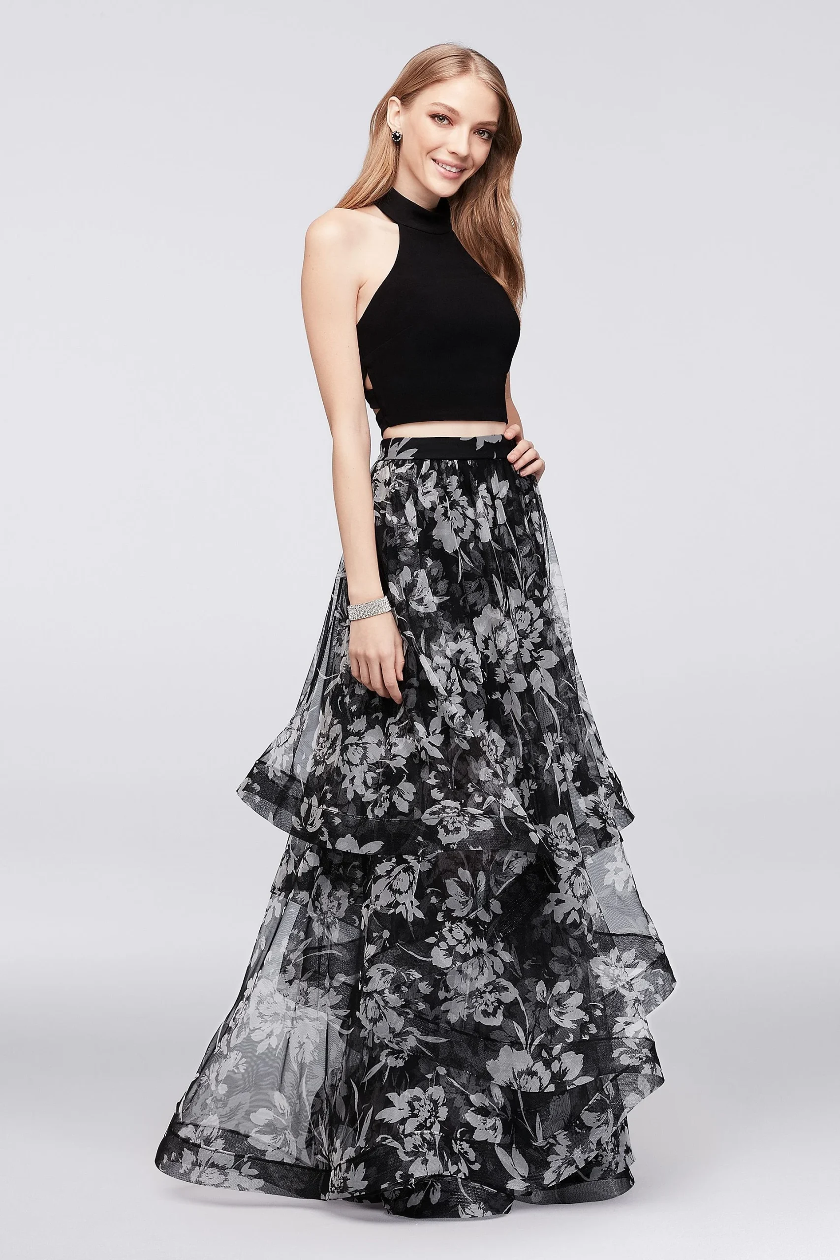 Caged Top and Tiered Mesh Skirt Two-Piece Dress