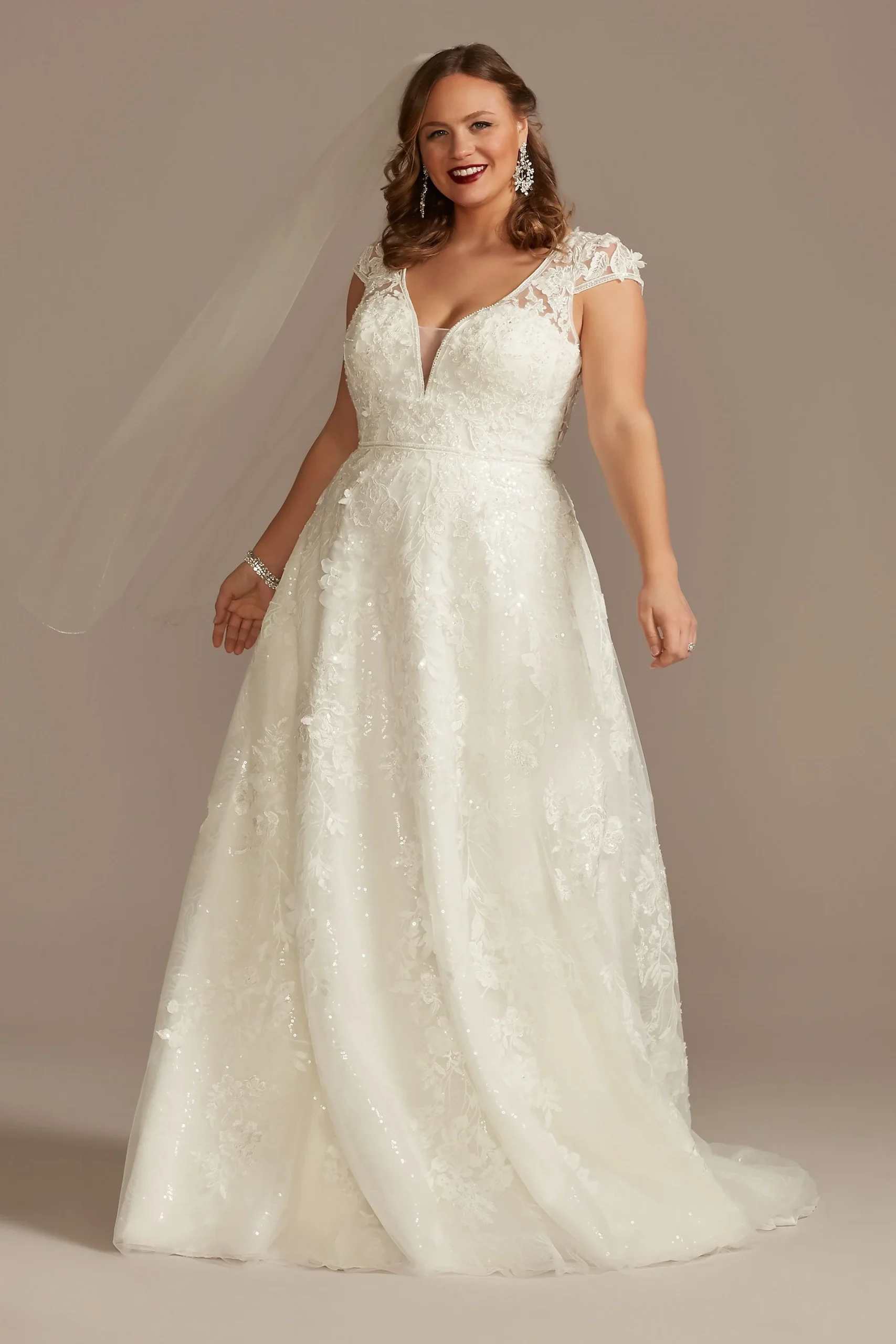 Cap Sleeve 3D Floral Lace Open Back Wedding Dress