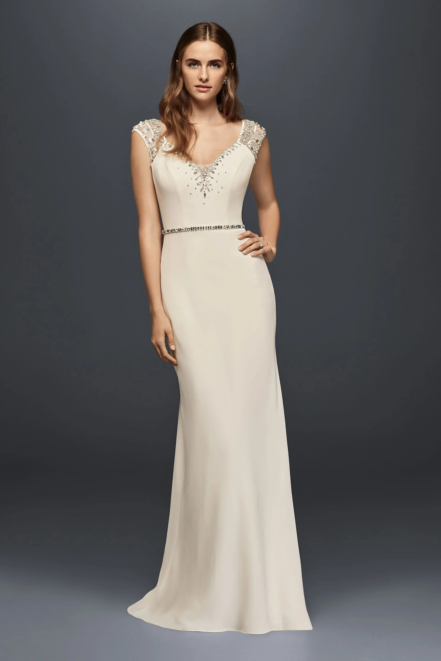 Cap Sleeve Beaded Crepe Sheath Wedding Dress