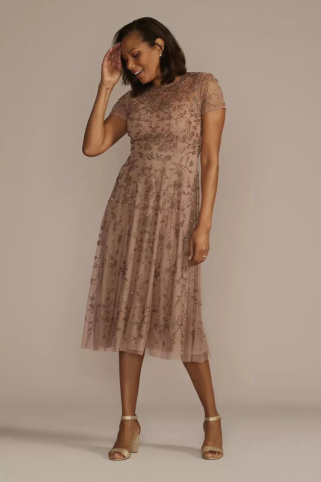 Cap Sleeve Beaded Illusion Tea Length Dress
