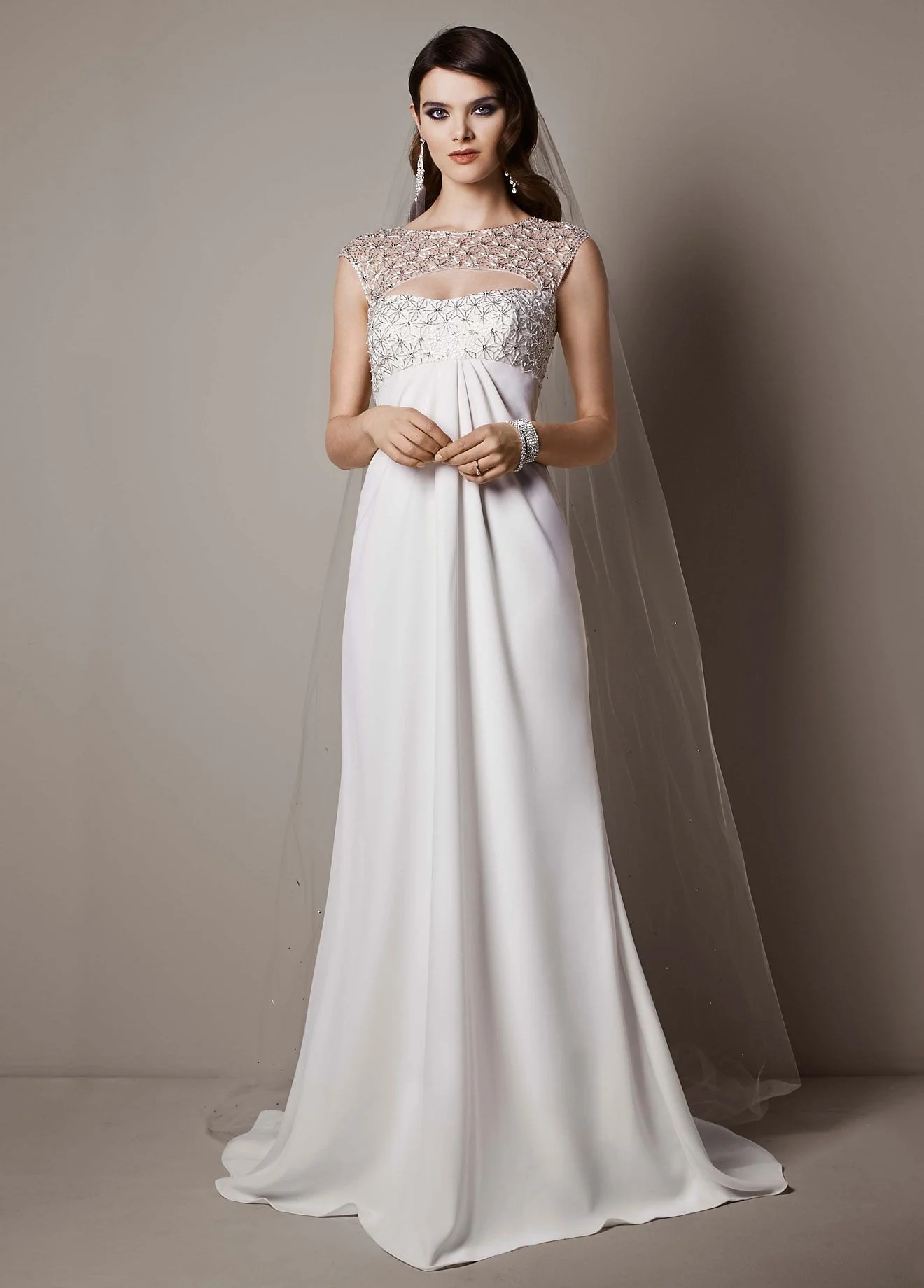 Cap Sleeve Crepe Sheath Gown with Beaded Bodice