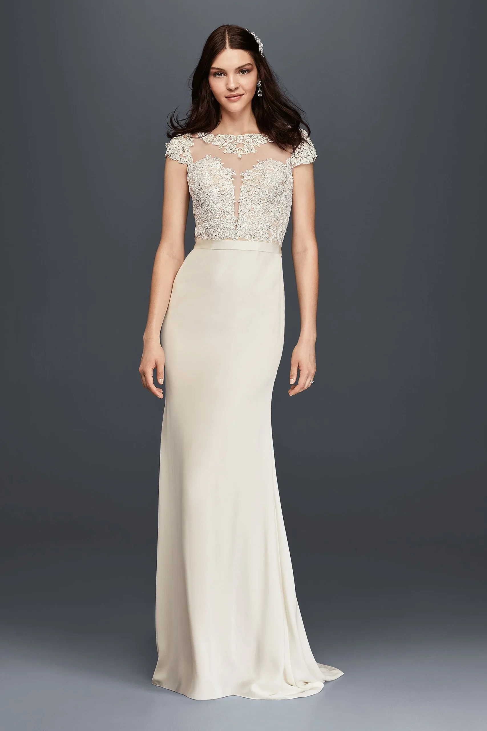 Cap Sleeve Crepe Wedding Dress with Plunge Bodice