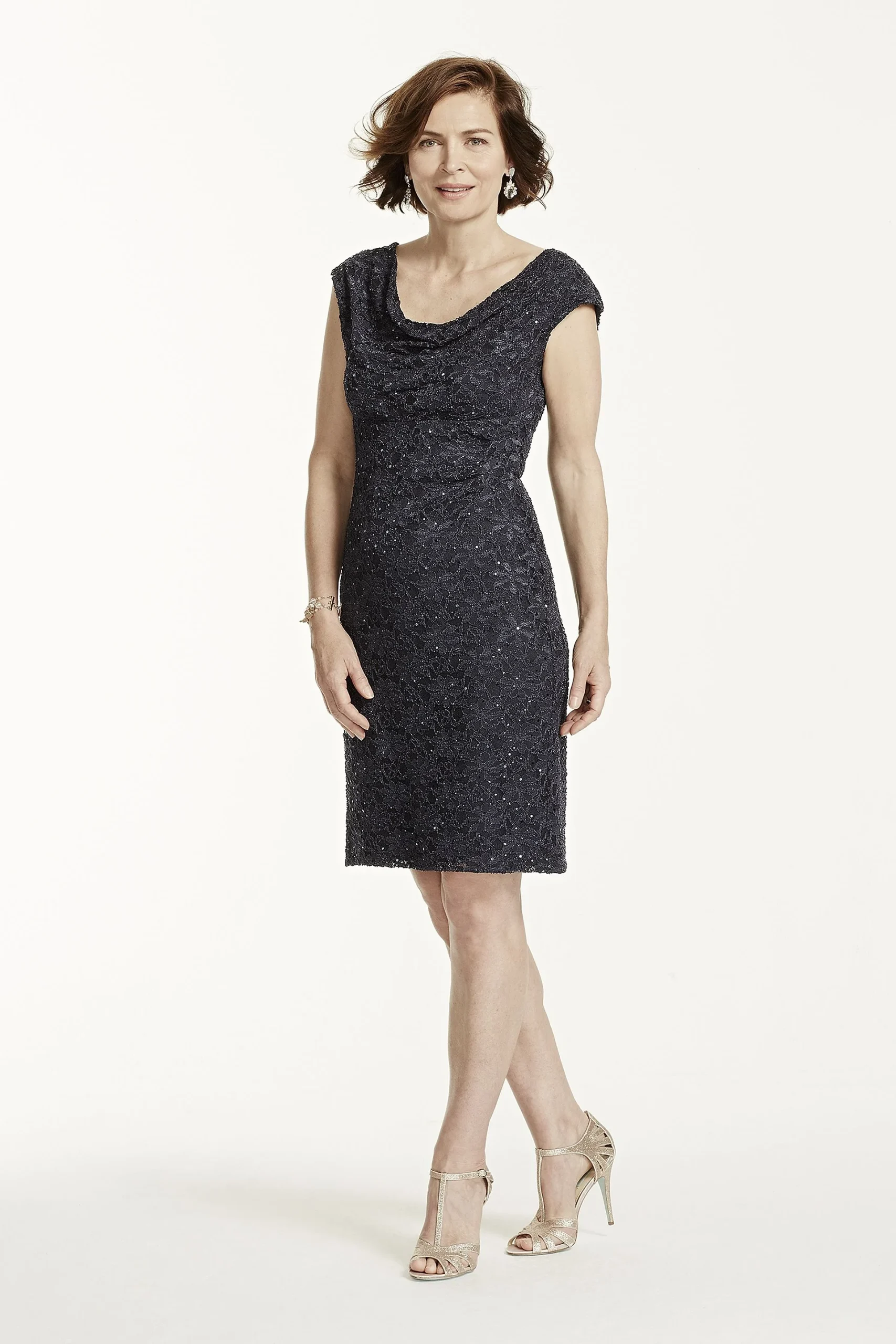 Cap Sleeve Draped Neck Sequin Lace Dress