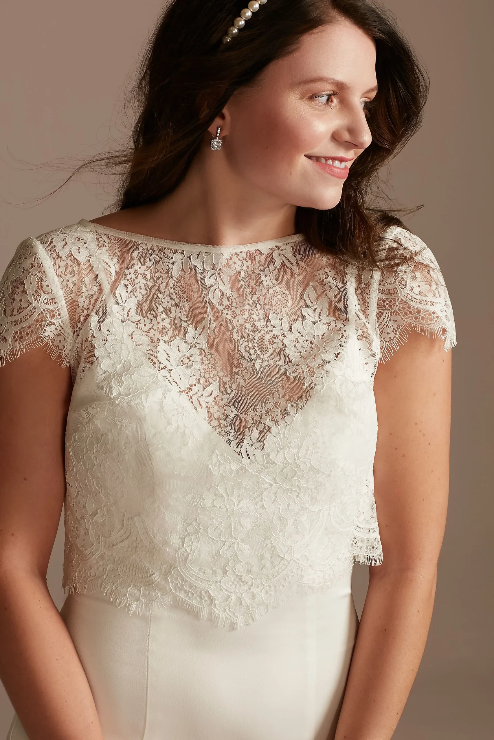 Cap Sleeve Eyelash-Trimmed Lace Topper with Tie