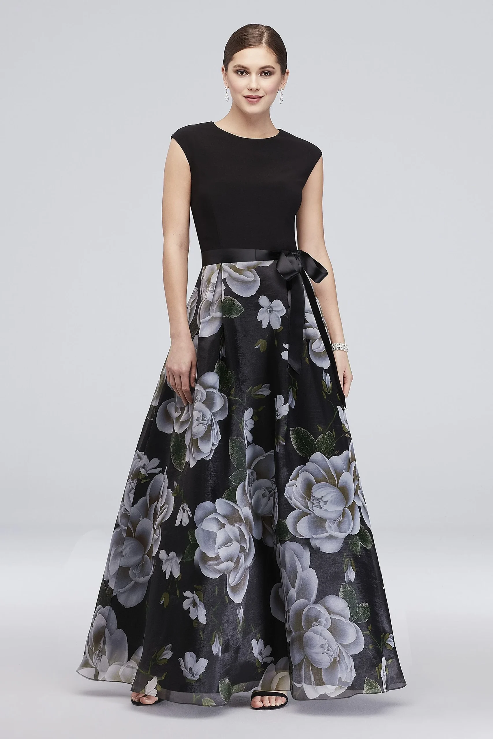Cap Sleeve Floral Printed Ball Gown with Bow