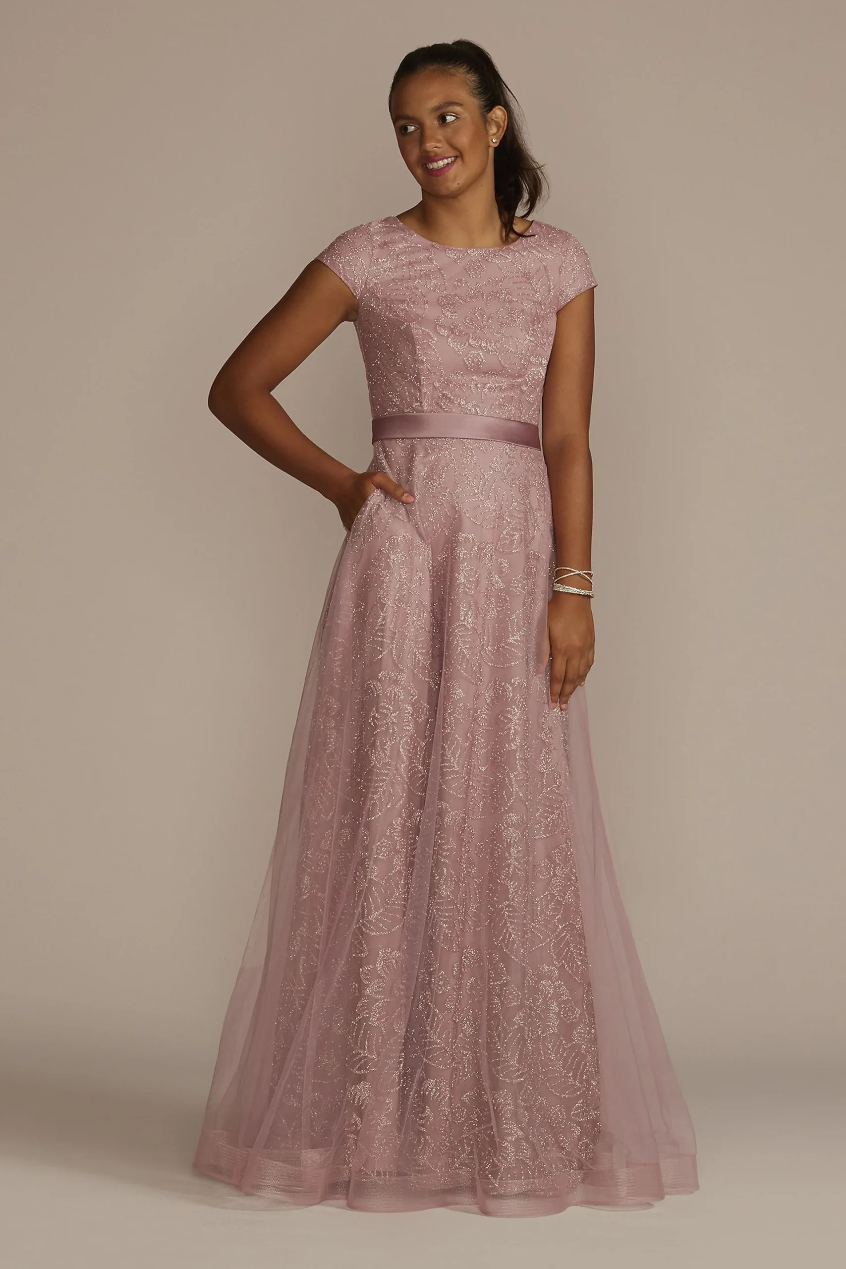 Cap Sleeve Glitter Floral Tulle A-Line