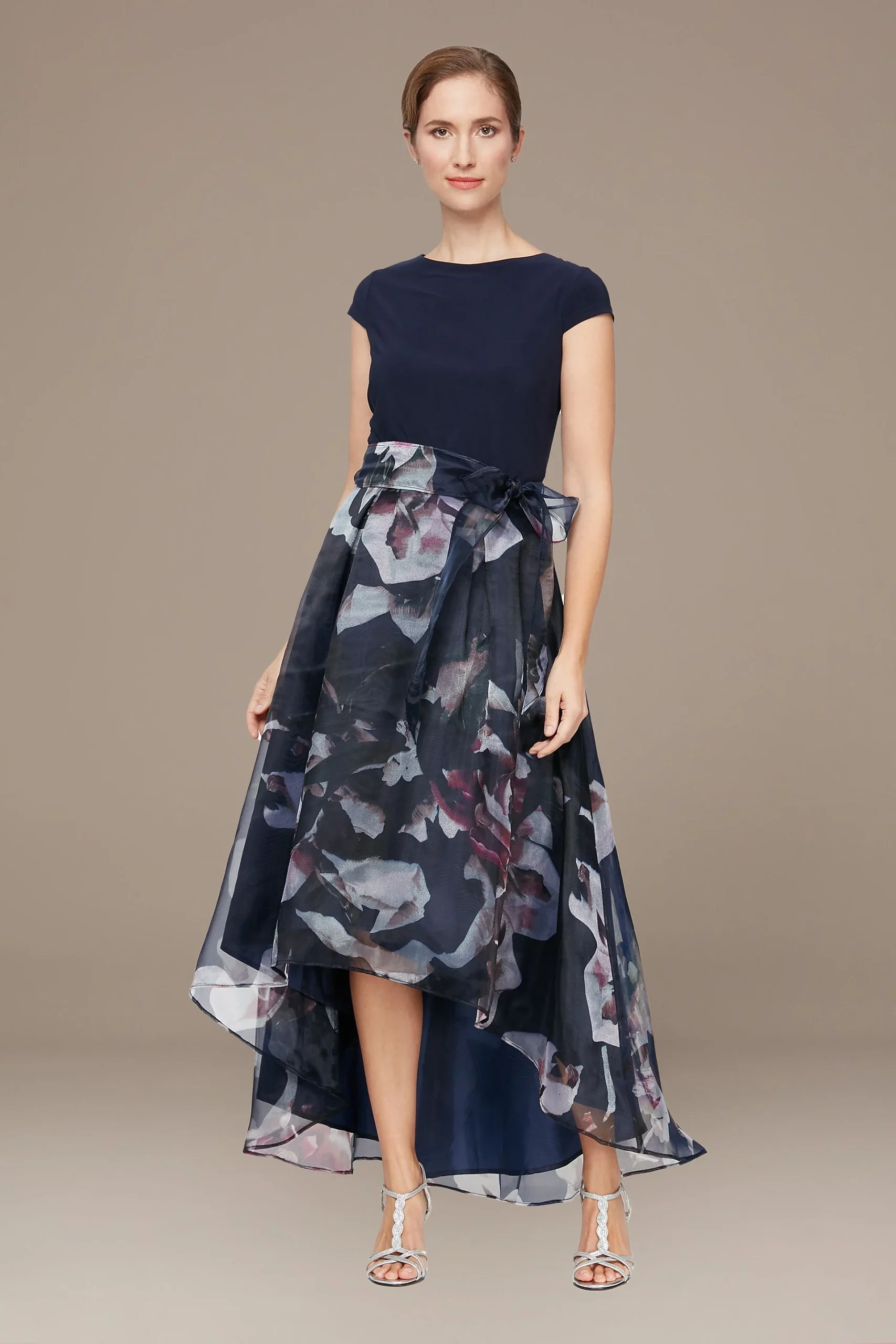 Cap Sleeve High-Low Floral Printed Ball Gown