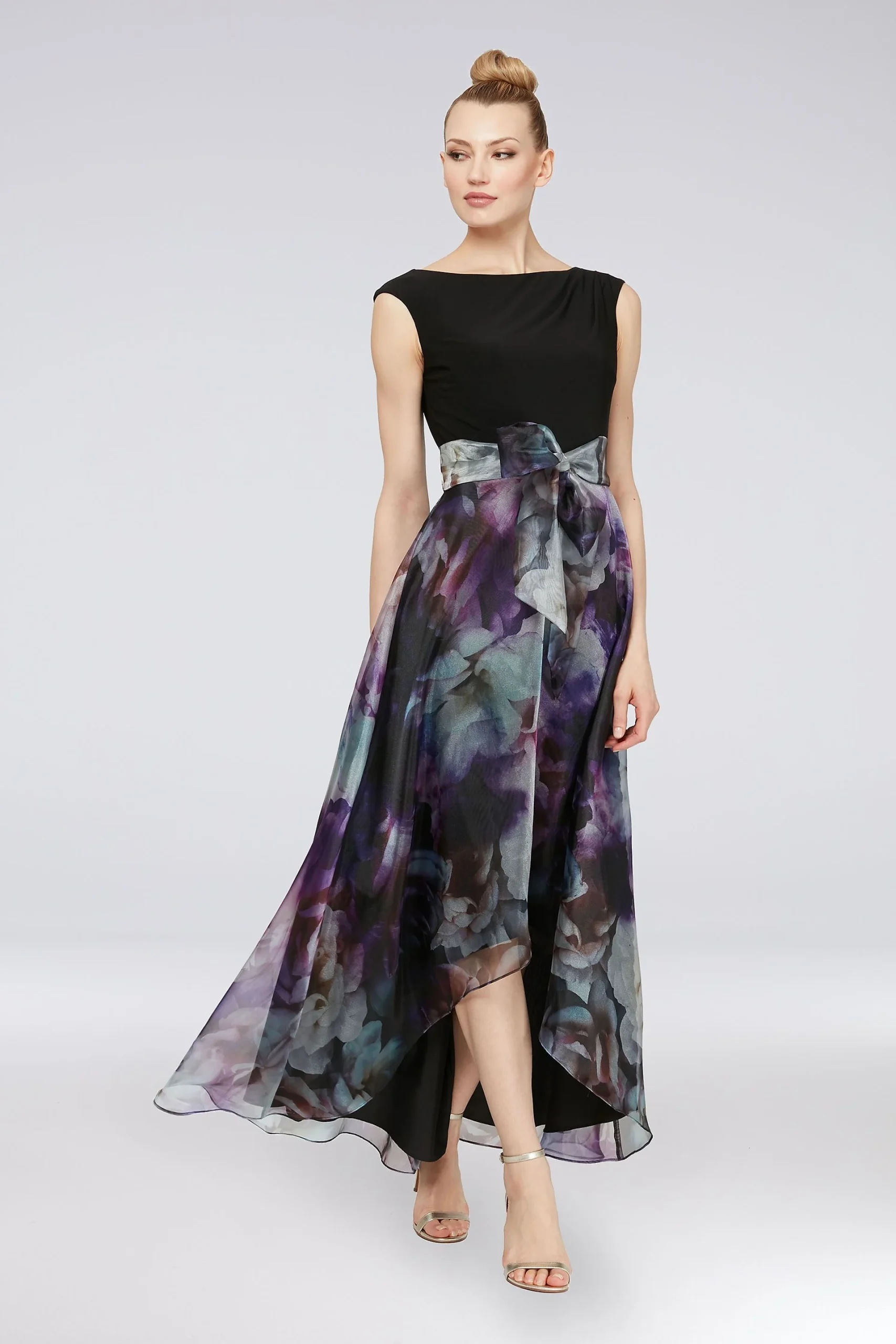 Cap Sleeve Jersey and Floral Organza High Low Gown