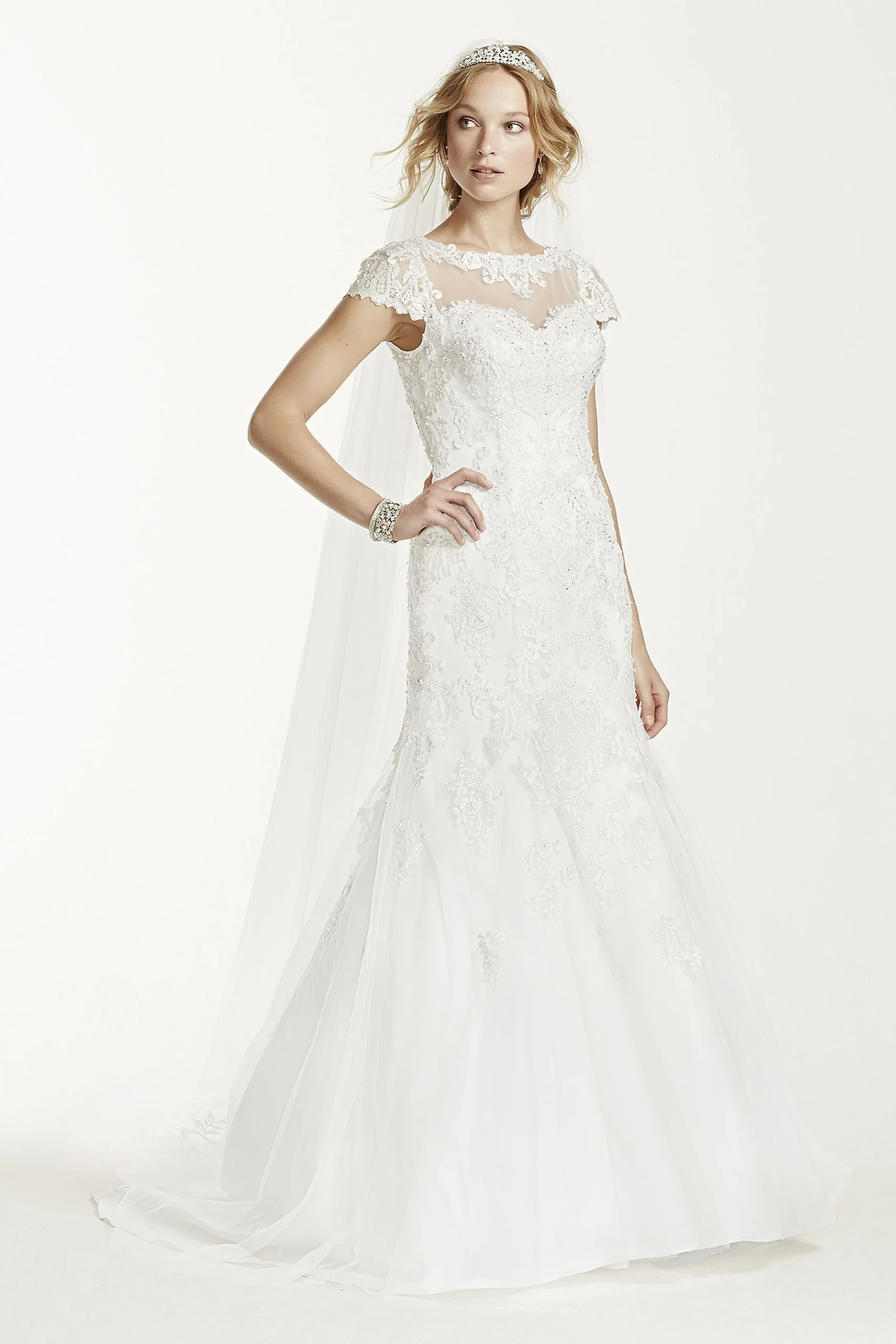 Cap Sleeve Jewel Lace Open Back Wedding Dress