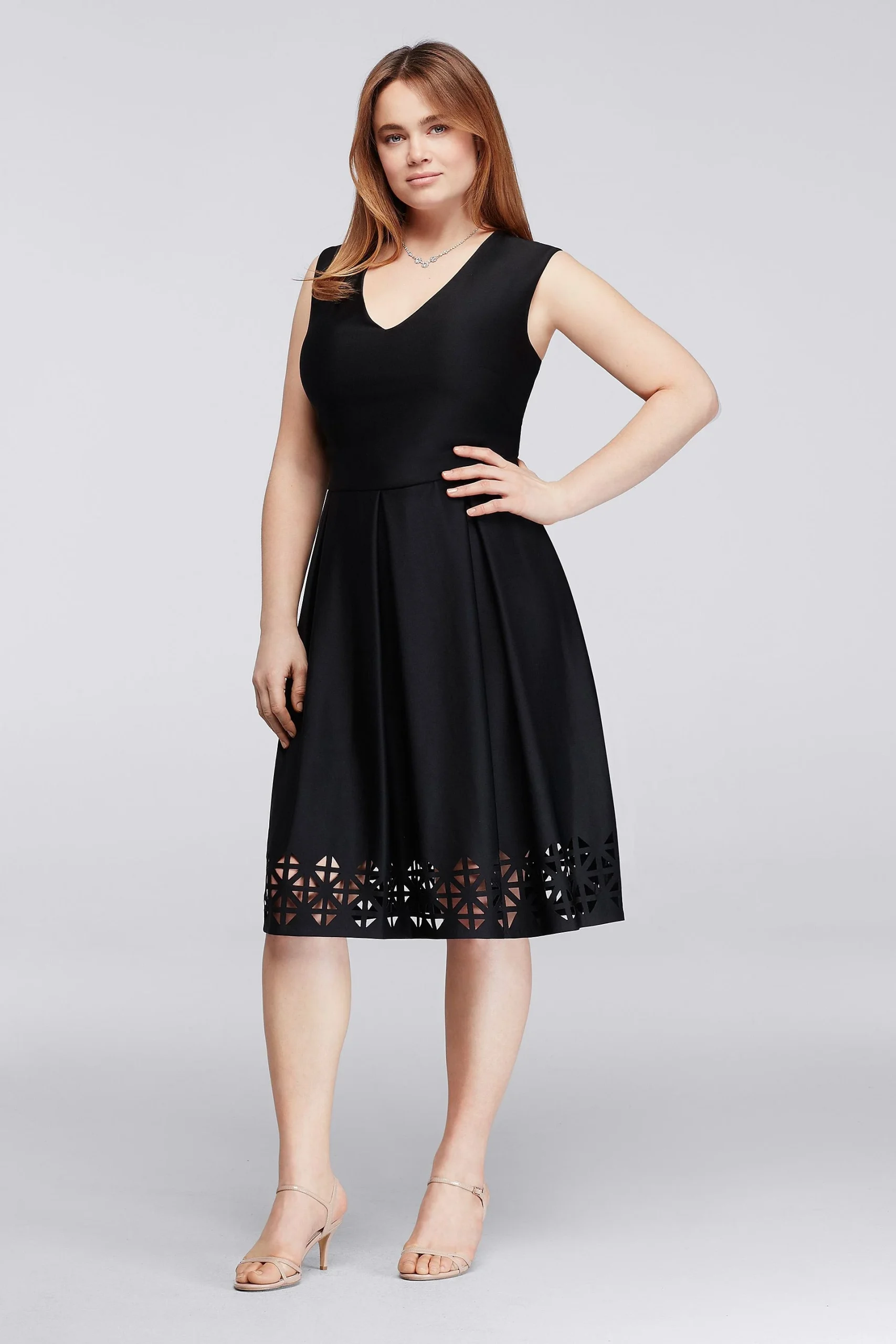 Cap Sleeve Knee-Length Dress with Laser-Cut Trim