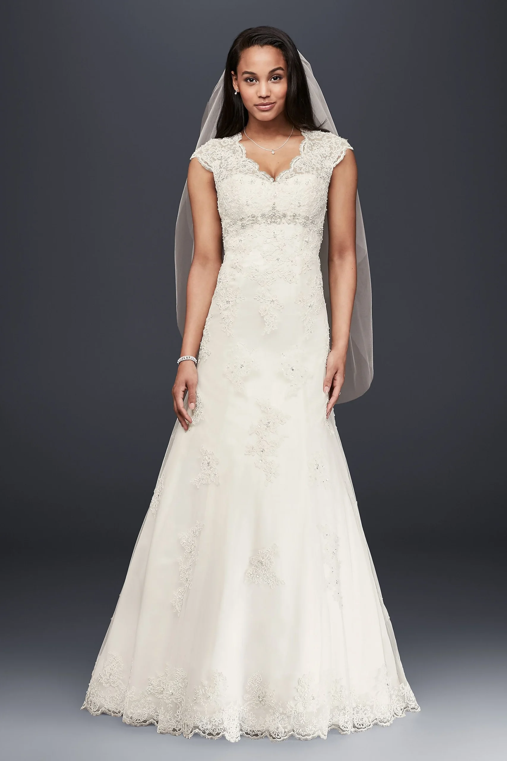 Cap Sleeve Lace Over Satin Wedding Dress